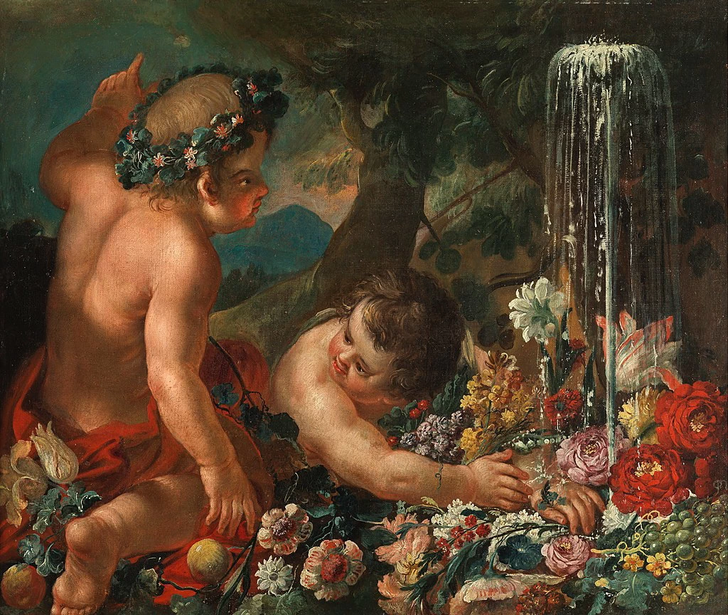 Due putti con fiori vicino a una fontana, con Guillaune Courtois